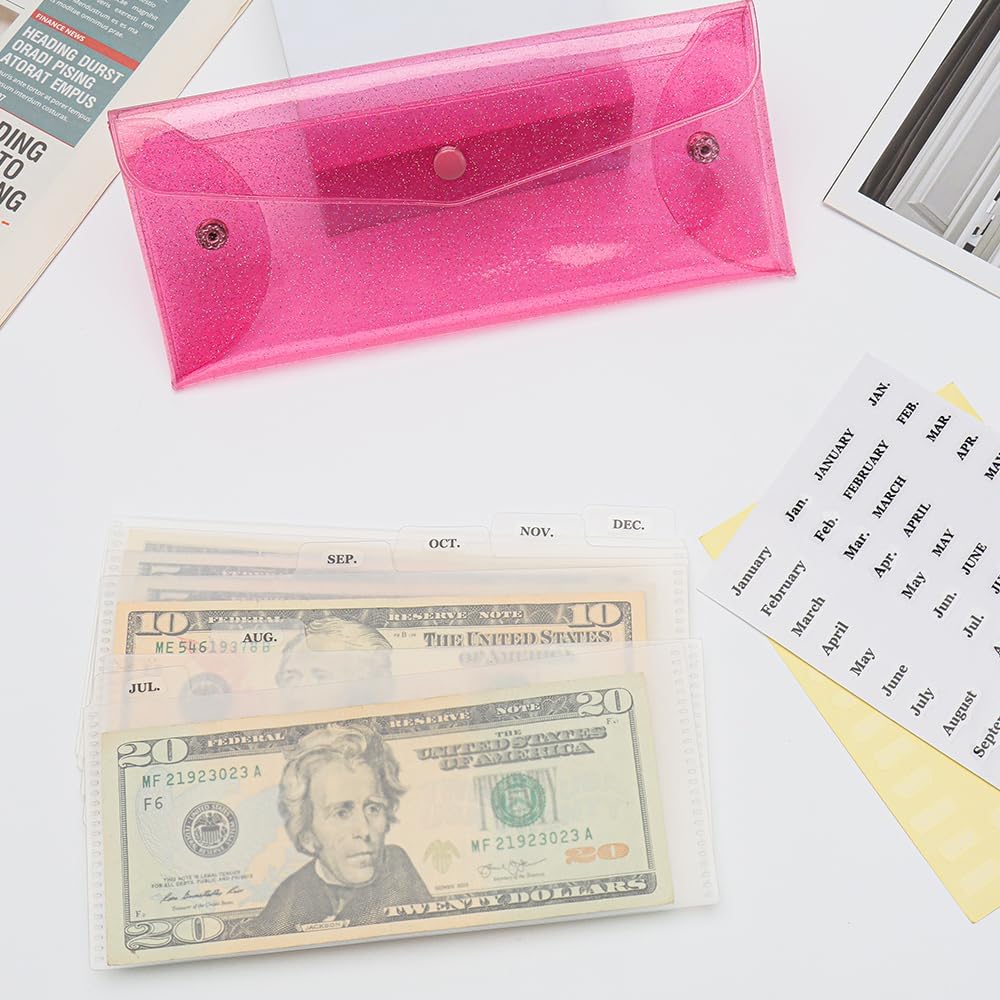MEI YI TIAN Cash Envelope Wallet with 6pcs Divider with Pockets and 2pcs Tab Stickers Set Reusable Budget Envelopes Pink Glitter PVC Money Bag Pouch Organizer for Budgeting Bill Receipt Coupons thumbnail