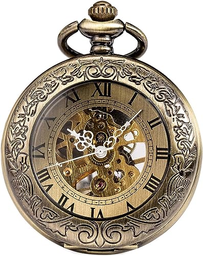 Image of SIBOSUN Pocket Watch Mechanical Skeleton Antique Men Bronze Roman Numerals Hand Wind