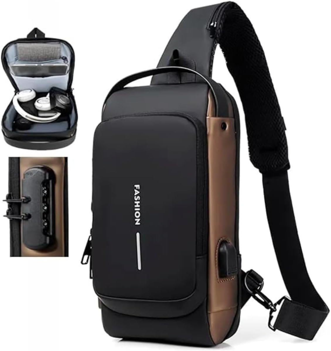Mochila masculina com cadeado à prova d’água anti-roubo bolsa com porta de carregamento USB bolsa de ombro mochila transversal Preto com Dourado ®Hallure