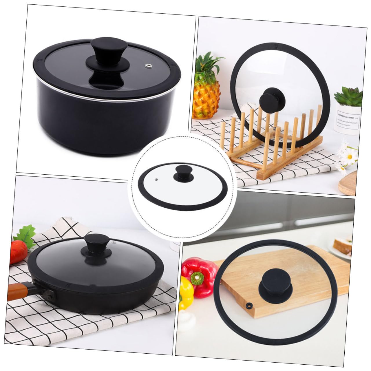 Couvercle de Pot Transparent Rond en Verre Trempé Noir Bord Silicone