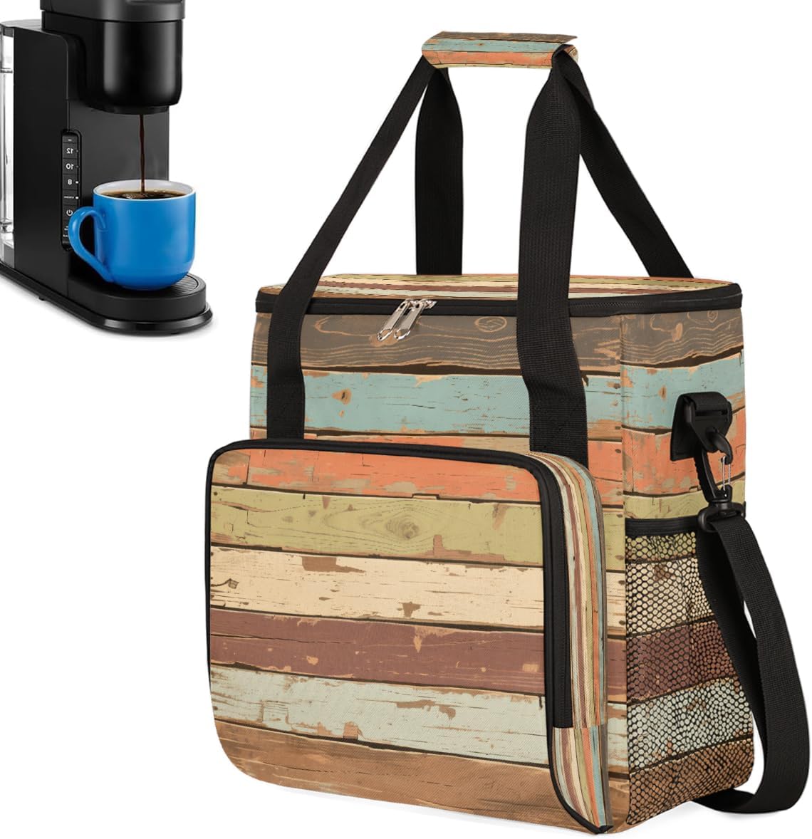 Painted Wood Portable Coffee Maker Carrying Bag Compatible with Keurig K-Mini or K-Mini Plus - Travel Storage Tote with K-Cup Pod Pockets for Single Serve Coffee Brewer