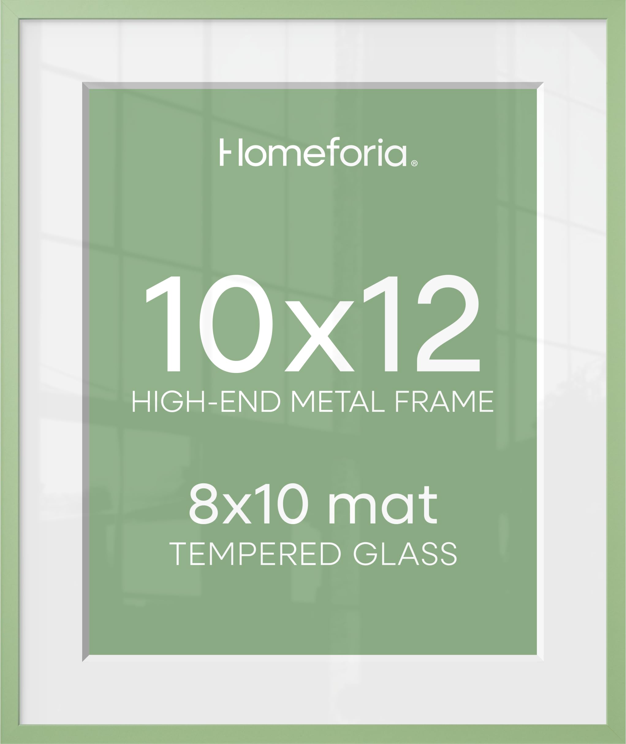 Homeforia 10x12 Green Picture Frame, High-End Metal, 8x10 Mat, Glass | High End Aluminum, Tempered Glass, Acid-Free 8x10 Removable Mat, 10x12 in Edge-to-Edge Display 12x10, Wall Kit, Set Of 1