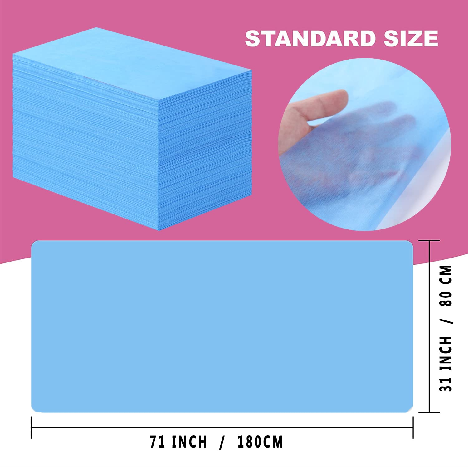 Sábanas desechables de 31 x 71 pulgadas para mesa de masaje, impermeable, tela suave no tejida, cubierta de cama de spa, transpirable, para masajes, tatuajes de belleza, 100 unidades (azul)