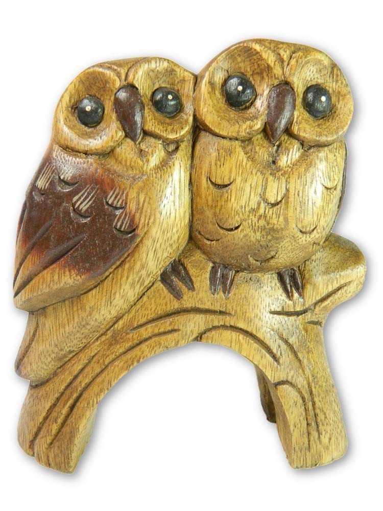 Thai Gifts Wooden Owl Carving - Hand Carved Two Owls on Perch - Loving Owls
