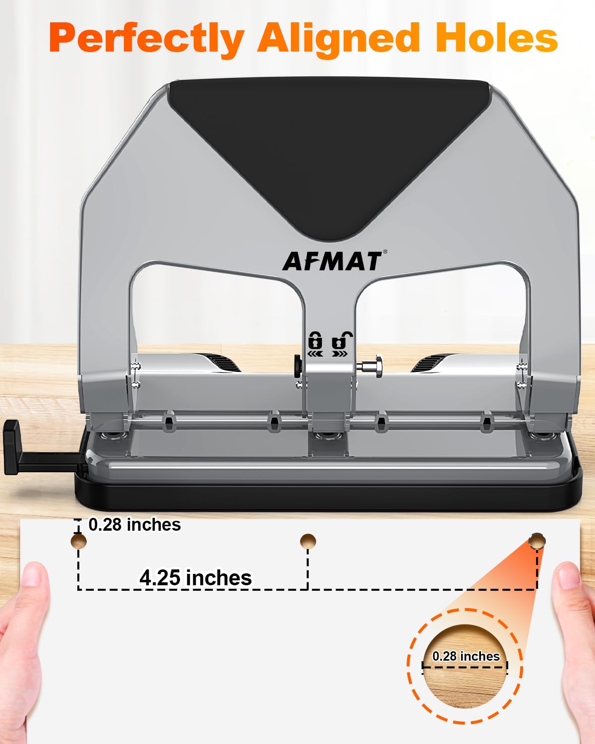 AFMAT HP20 Robuster 3-Lochstanzer, 60 % reduzierter Aufwand, 50 Blatt, 3-Loch-Stanzer für Ordner, über 10.000 Anwendungen, Metall-Dreilochstanzer für Zuhause, Büro, Schule, mit großer Spanablage