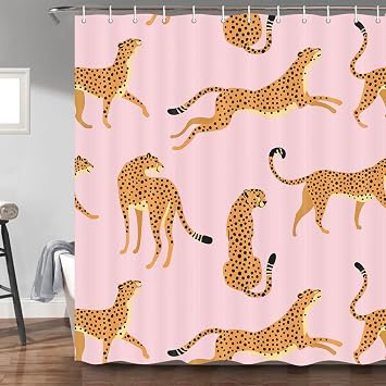 Pink Leopard Shower Curtain, Tropical Animal Cheetah Decor Bath, Polyester Fabric Waterproof Bathroom With 12 Hooks, 69X78
