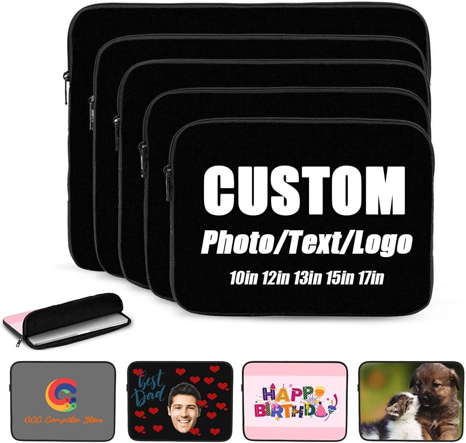 Design Laptop Sleeve with Your Own Picture Text Pattern, Laptop Case Sleeve Customization, Custom Briefcase Carrying Cover with Image Text Logo, Customized Tablet Bag, Black, 10"