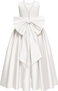 Satin Flower Girl Dress for Wedding Pearl Floor Length Kids Bridesmaid Dresses Princess Pageant Party Bow Gowns