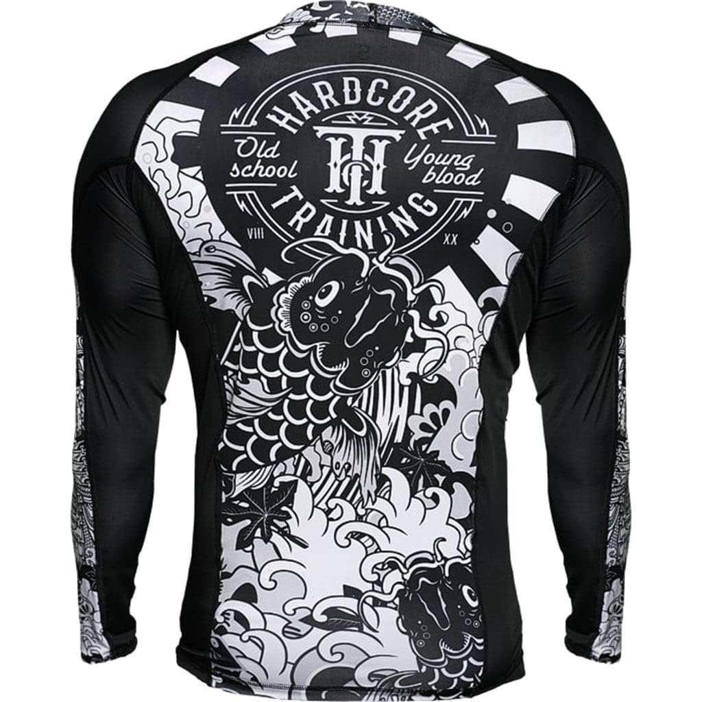 Hardcore Training Rash Guard Mężczyźni Kompresja Koszulka Długi Rękaw BJJ MMA No-Gi Obcisła Grappling Boks (DE/NL/SE/PL, Alfa, XS, Regularny, Regularny, Biały/czarny)