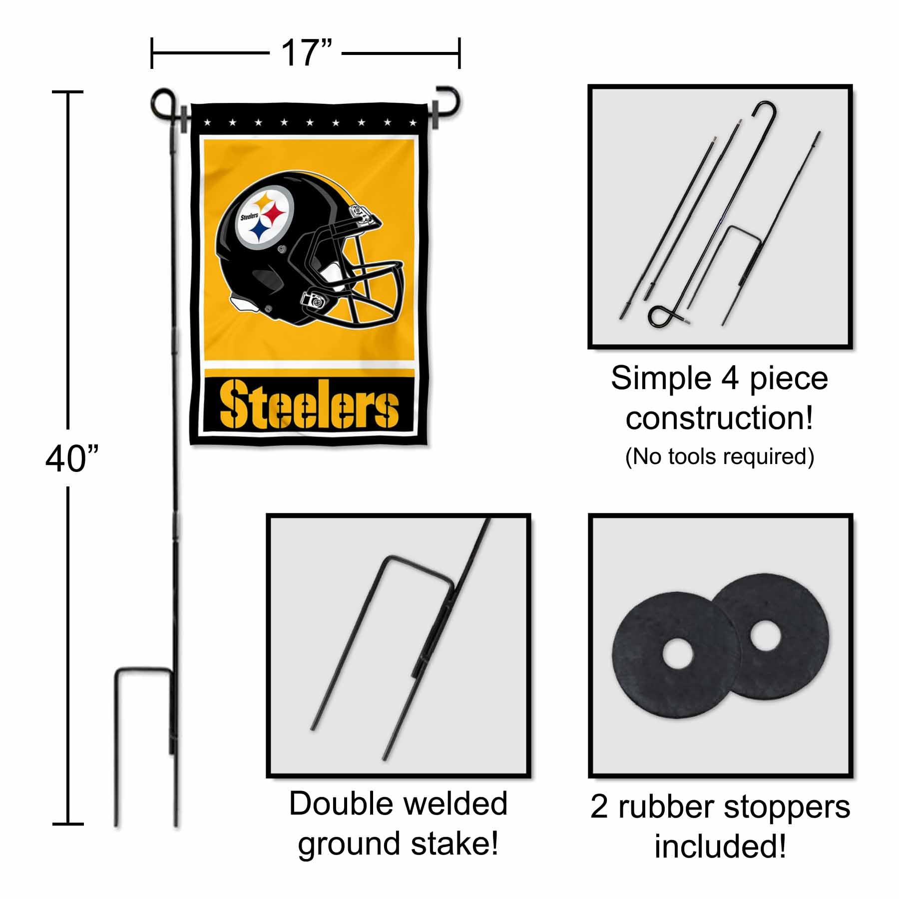WinCraft Bandiera Da Giardino Pittsburgh Steelers Con Supporto - 33x45,7 Cm - Bandiera 2 Strati E Asta In Acciaio 101,6 Cm - Licenza Ufficiale NFL