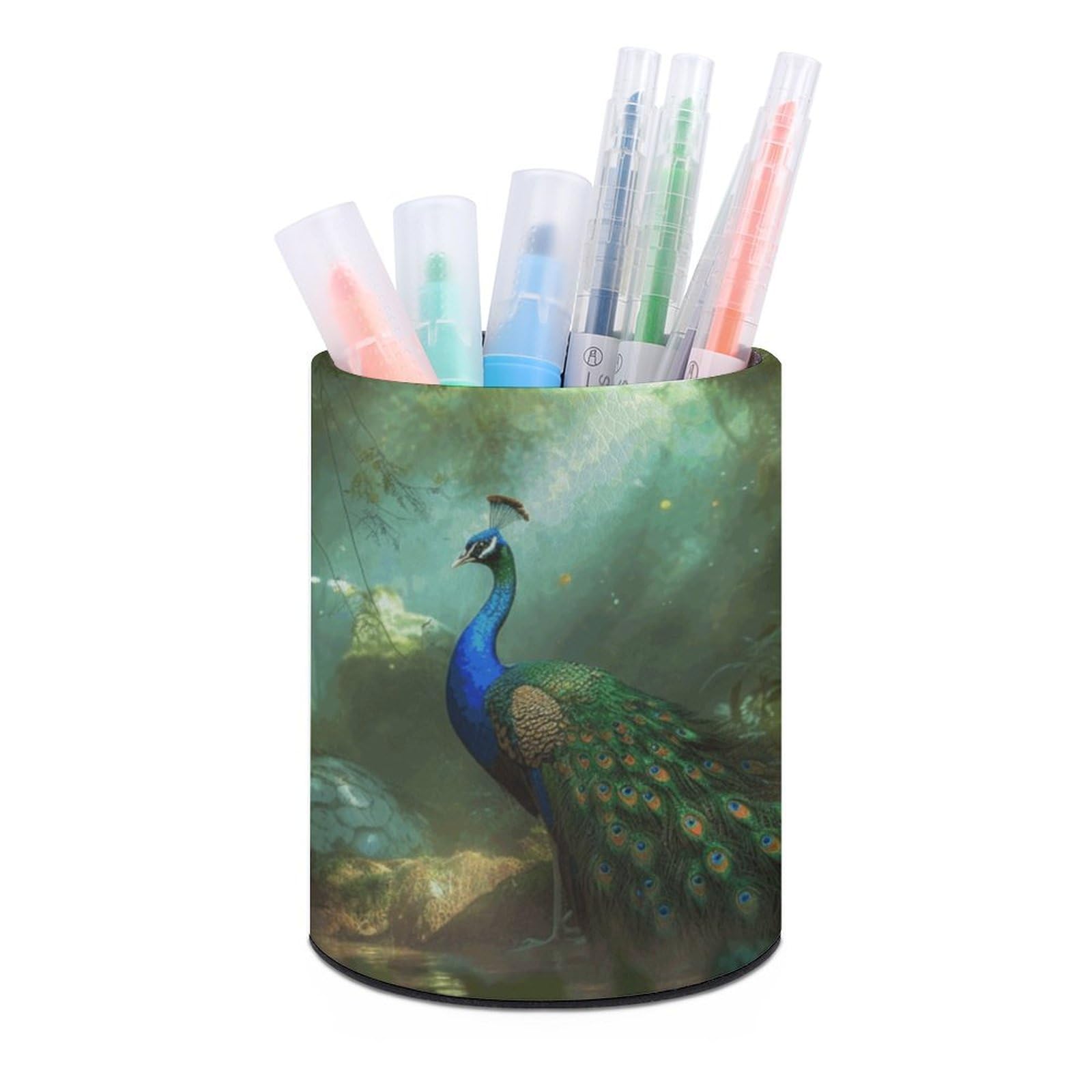 NONHAI Lether Pen Holder for Desk, Peacock Pencil Holder Organizers for Desktop, Pencil Cup Stationery Organizer for Office Desk Accessory, Square Makeup Brush Srotage Box Pencil Caddy