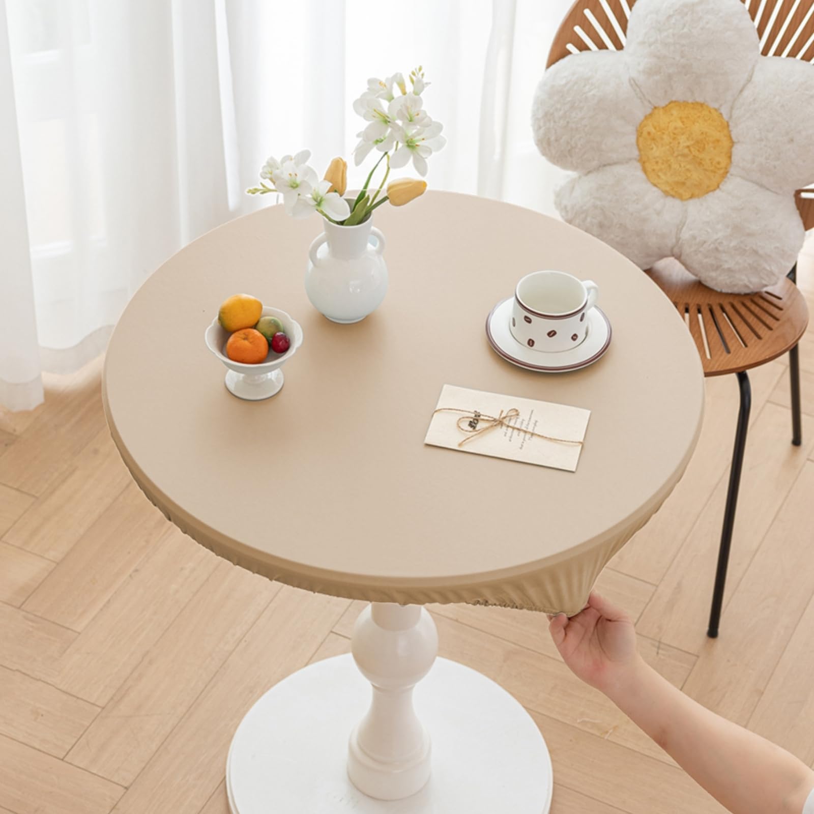 Huierxun Round Fitted PU Tablecloth with High Elastic Edge 39 Inch Dia Waterproof Oil Proof Table Cloth Anti-Scald Stain-Resistant Wipeable Table Cover for Indoor Outdoor Picnic (Beige,39" Dia) — image 1