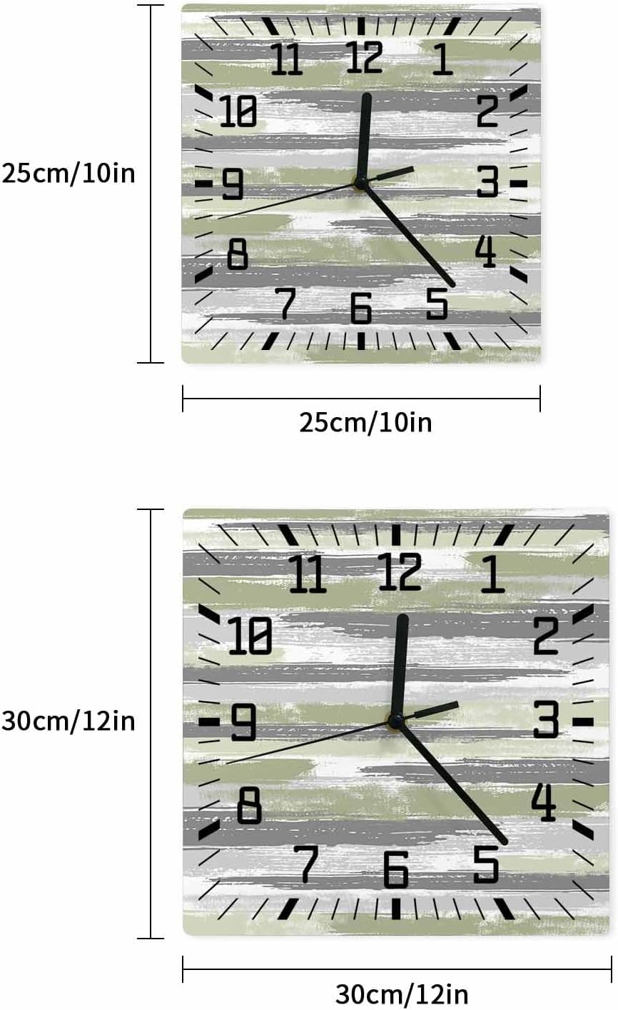Wall Clock Sage Green Gray Battery Operated Clocks Wooden Silent Non-Ticking Wallclock 12 Inch Spring Stripes Wood Square Wall Clock for Living Room Bedroom Kitchen Office Shool Home Decor