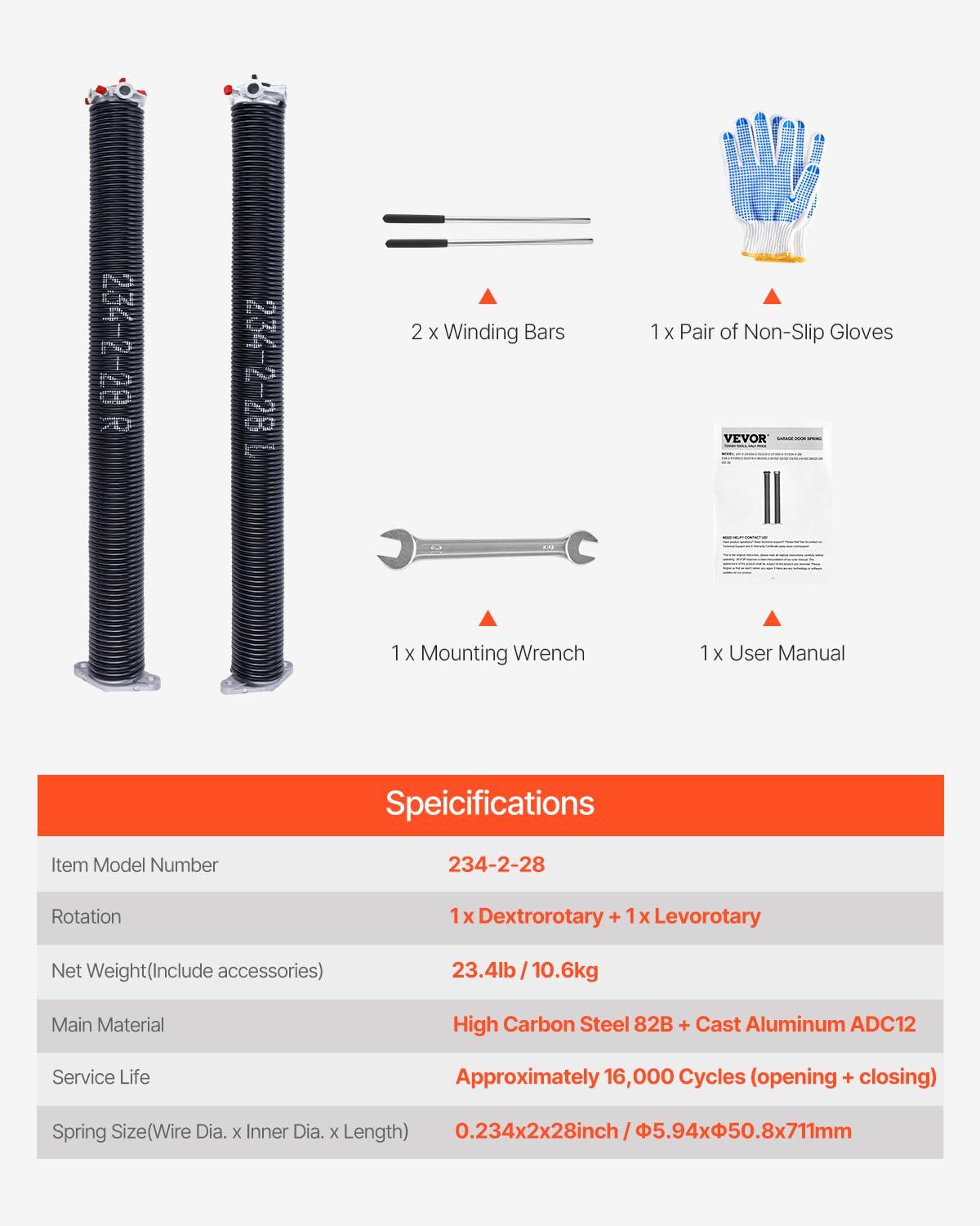 VEVOR Resortes de Torsión para Puertas de Garaje con Barras de Enrollado Antideslizantes y Guantes, Par de Φ5,94 x Φ50,8 x 711 mm, 16 000 Ciclos, Revestimiento Negro de Electroforesis para Reemplazo