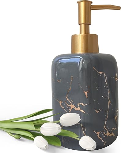 Dispensador de jabón cuadrado de 10 onzas, dispensador de jabón negro para baño, dispensador de jabón líquido de cerámica con bomba dorada,