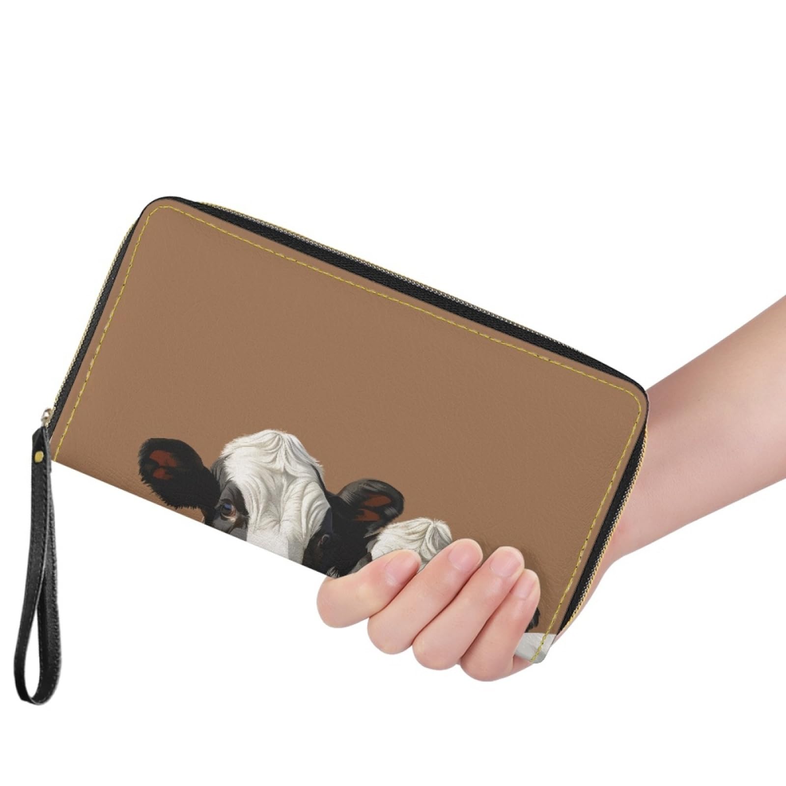 Portfel damski z portfelem na karty damskie, trwały, lekki i praktyczny portfel skórzany z kilkoma przegródkami i zapinanym na zamek etui na karty, Model brązowej krowy, 11x20cm/3 Pièce, Nowoczesny