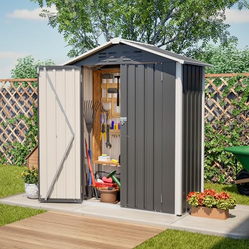 Jaxilyn Metall Gerätehaus Gerätehaus mit Pultdach,Gartenhaus Geräteschuppen Garten Schuppen Inkl. Metallfundament (ohne Boden), Geräteschrank für Garten (Grau, XS)