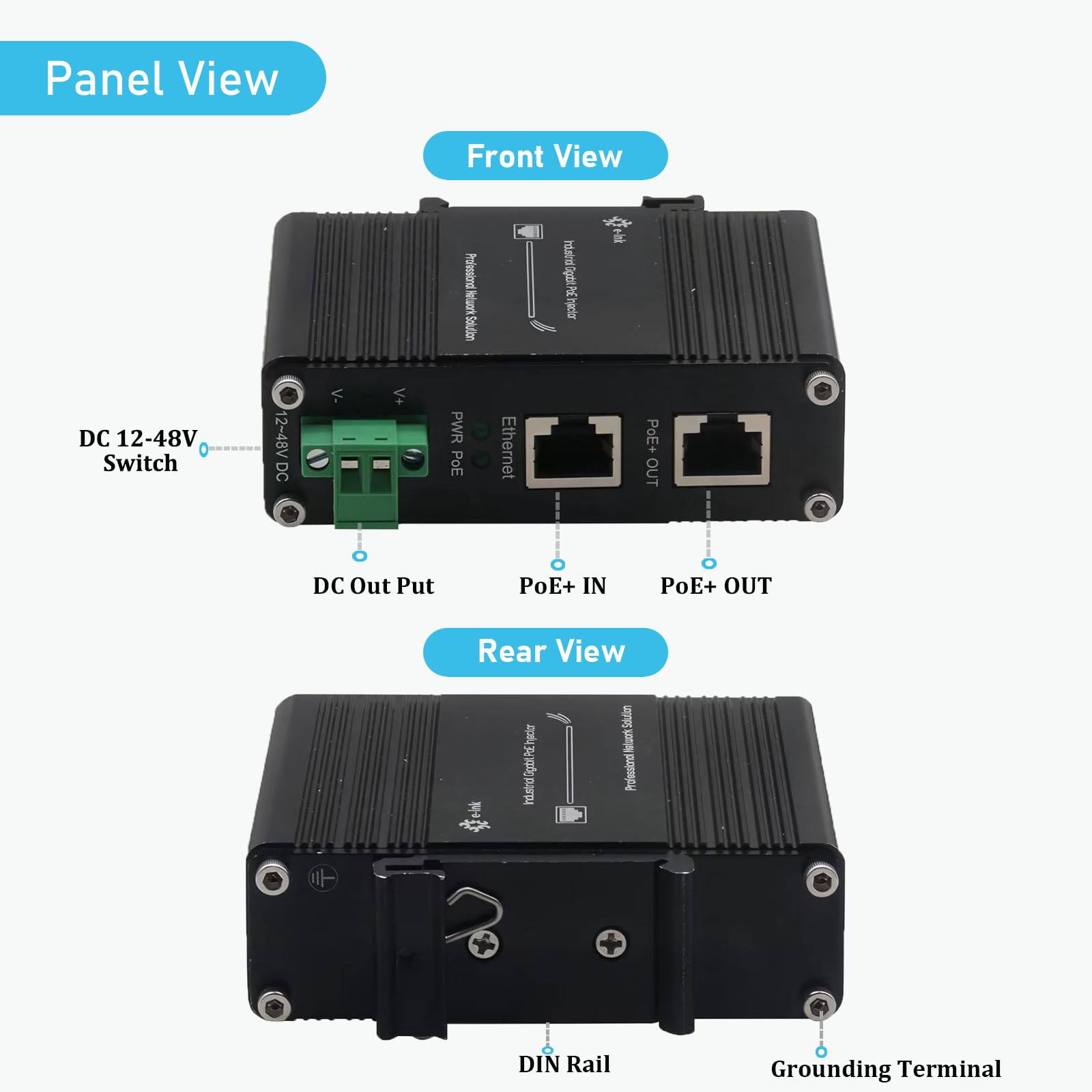 Mini wtryskiwacz Gigabit PoE+ - Przemysłowy wtryskiwacz sieciowy Ethernet 30 W zgodny z IEEE 802.3 af/at, obsługuje wejście DC 12-48 V, do użytku na zewnątrz, szyna DIN