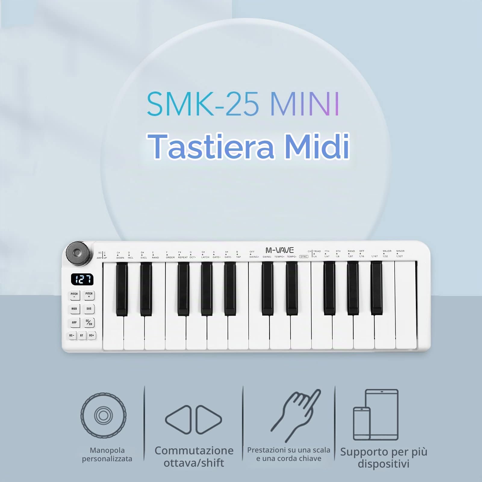SMK-25 Tastiera MIDI di Controllo MIDI Ricaricabile a 25 Tasti Tastiera USB Portatile Controller MIDI con 25 Tasti Sensibili alla Velocità 1 Manopola