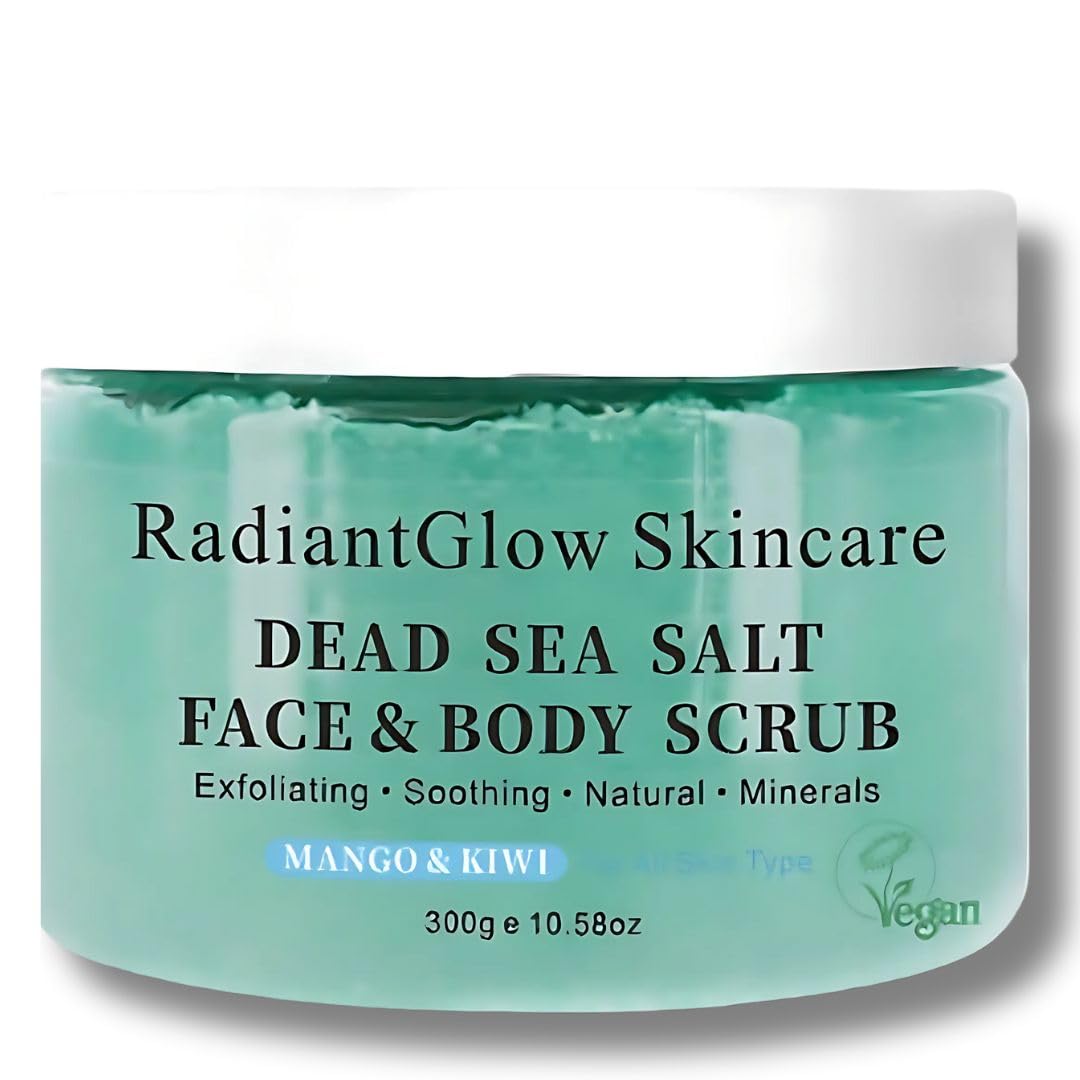 RadiantGlow Organic Dead Sea Salt Face and Body Scrub 300g, Nourishing Skin Exfoliating Salt Scrub, Rich in Natural Minerals for All Skin Types, Enriched with Mango & Kiwi Fruit Scent