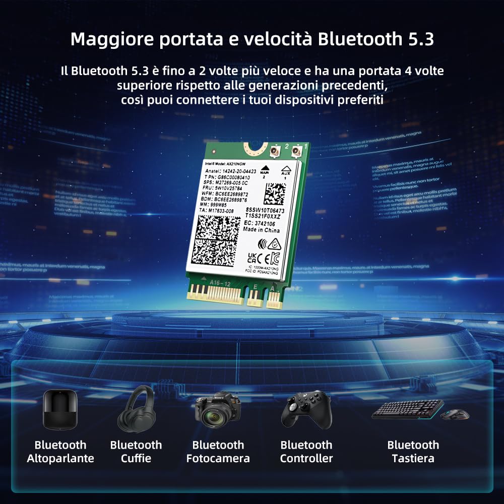 Scheda WiFi AX210 M.2 con Bluetooth 5.3, modulo di rete wireless WiFi 6E 2X2 MU-MIMO 5400Mbps, scheda WiFi per laptop MIMO Interfaccia 802.11AX NGFF con supporto Tri-Band Windows10/11 64 bit