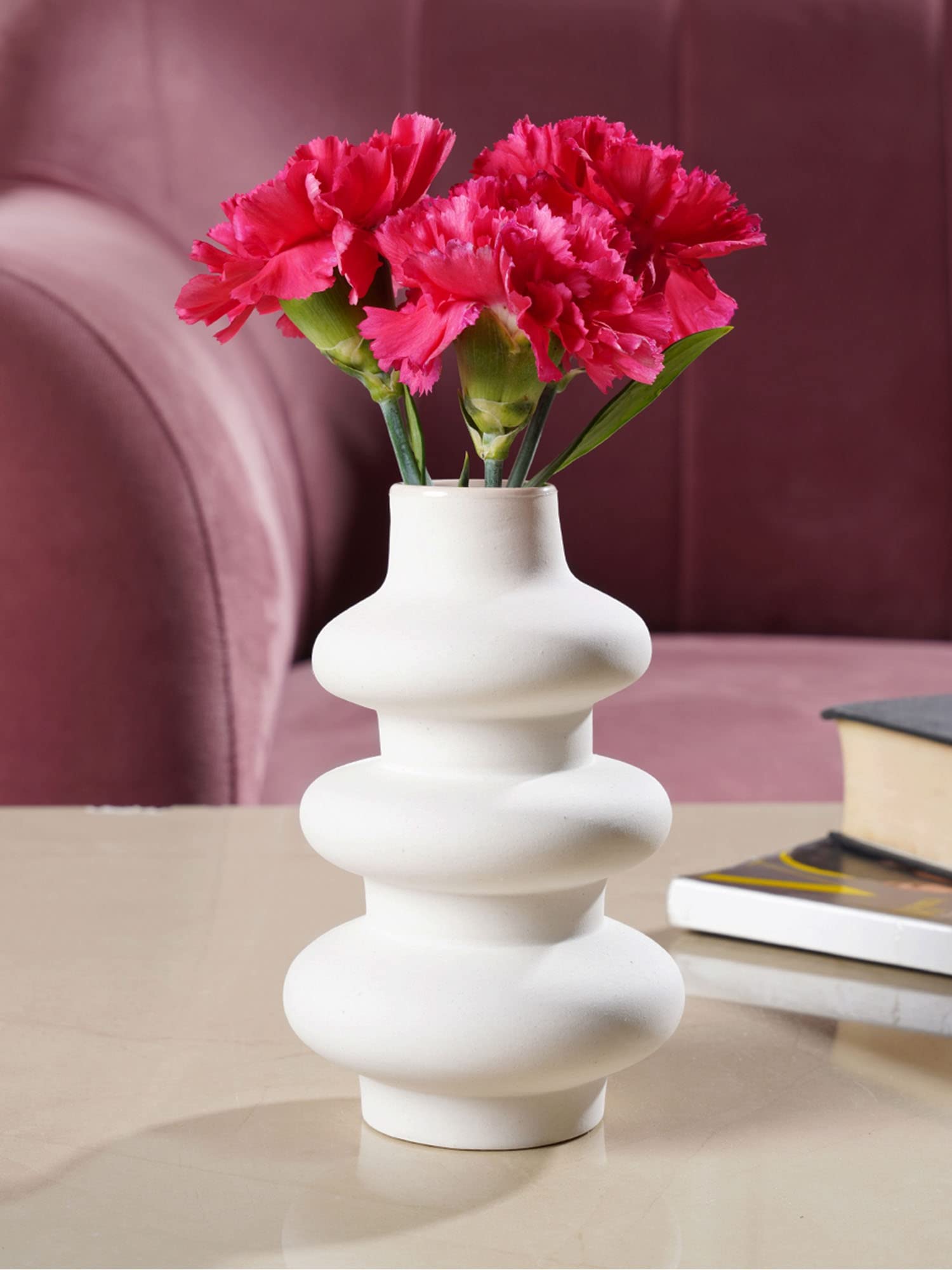 PUREZENTO Round Shaped White Ceramic Designer Flower Vase for Home Decor Centre Table Bedroom Side Corner
