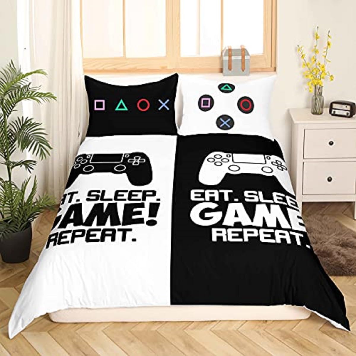 Komplet pościeli 220 x 240 cm gamepad poszwa na kołdrę dziecko 2 osoby nastolatki kontroler gier czarno-biały zestaw pościeli z mikrofibry z zamkiem błyskawicznym, 2 poszewki na poduszki 65 x 65 cm