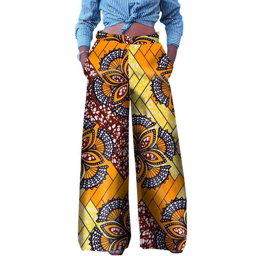 iooiooi Womens Fashion Casual Plus Size African Print Cotton Wide Leg Pants with Pockets