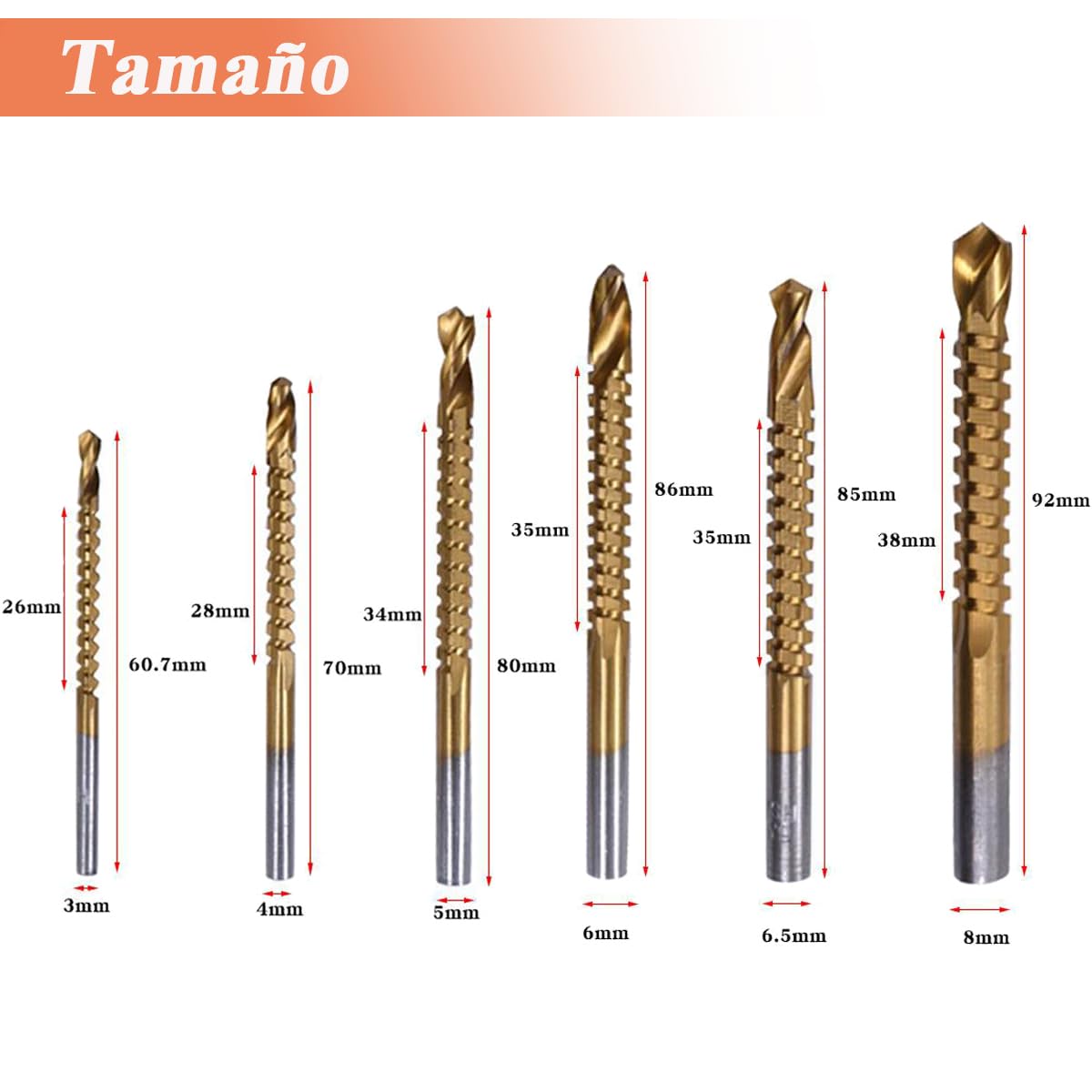 Treki 6pcs Broca de Sierra en Espiral HSS de Acero de Alta Velocidad 3-8 mm y Sierra Bit Set Titanio Recubierto Herramientas de Carpintería para Madera y Metal
