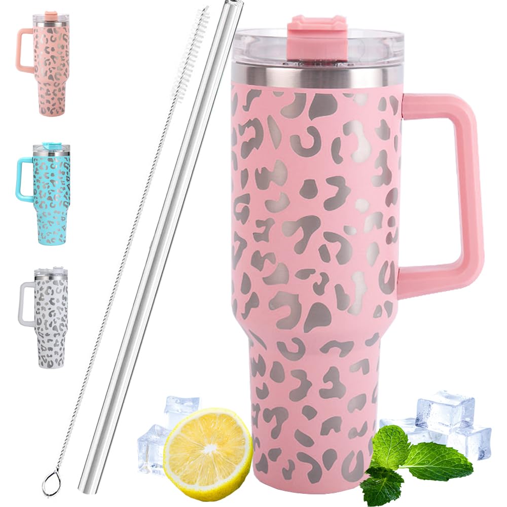 YF-TOW 40 oz tumbler with handle and straw, Leopard insulated tumblers/Stainless Steel Tumbler With Lid/Travel Mug Iced Coffee Cup Travel Mug For Hot And Cold, Insulated, Leak-Proof, Heatproof