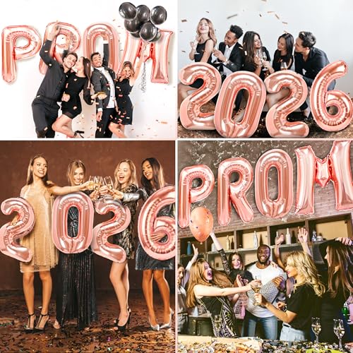 Image of Prom 2026 Balloons Rose Gold 32 Inch Giant - Prom 2026 Decorations Decor for Graduation Party Foil Mylar Balloons Banner Sign