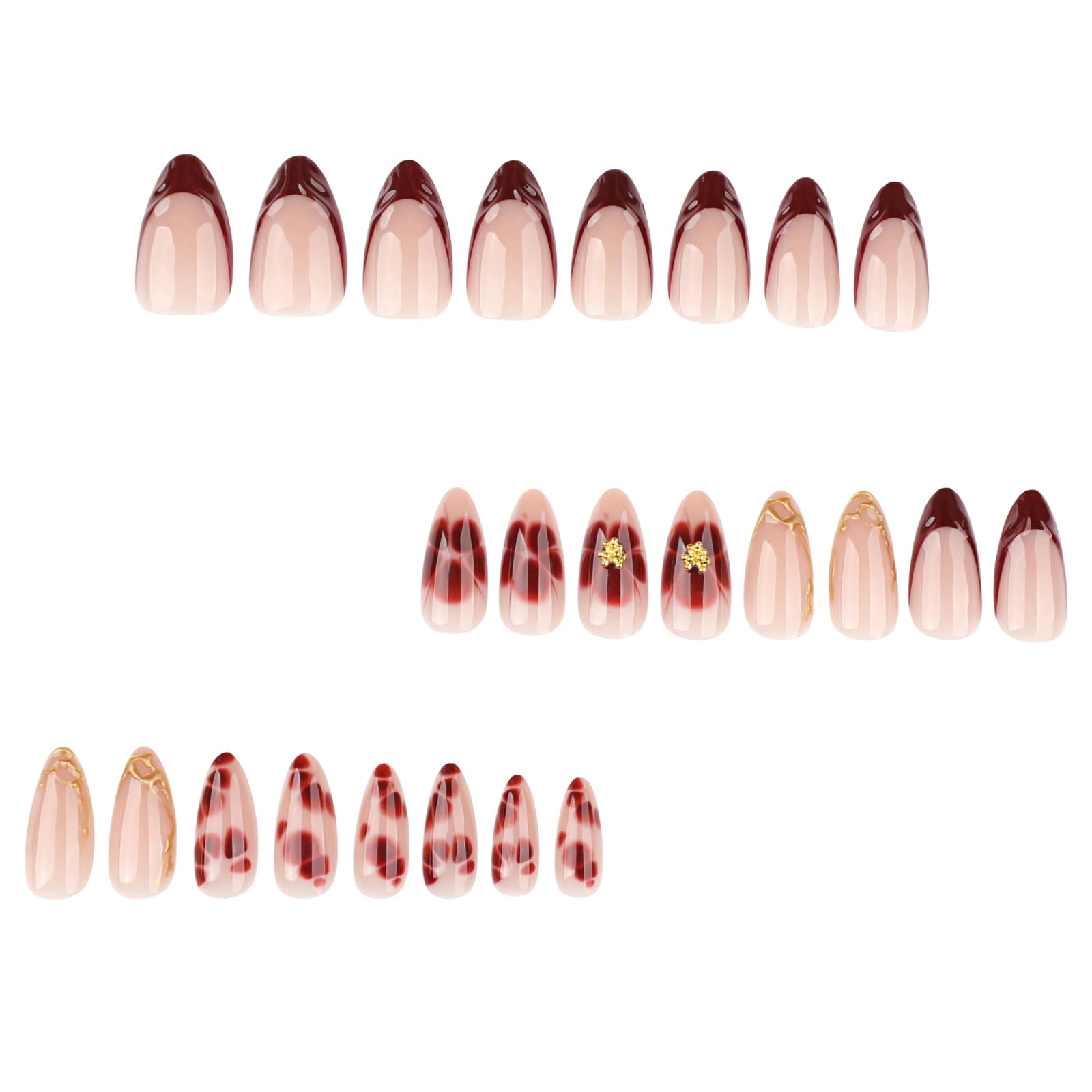 Almond False Nails Burgundy, Short Medium Press On Nails, Oval Wine red gold Fake Nails with Flower - Image 2
