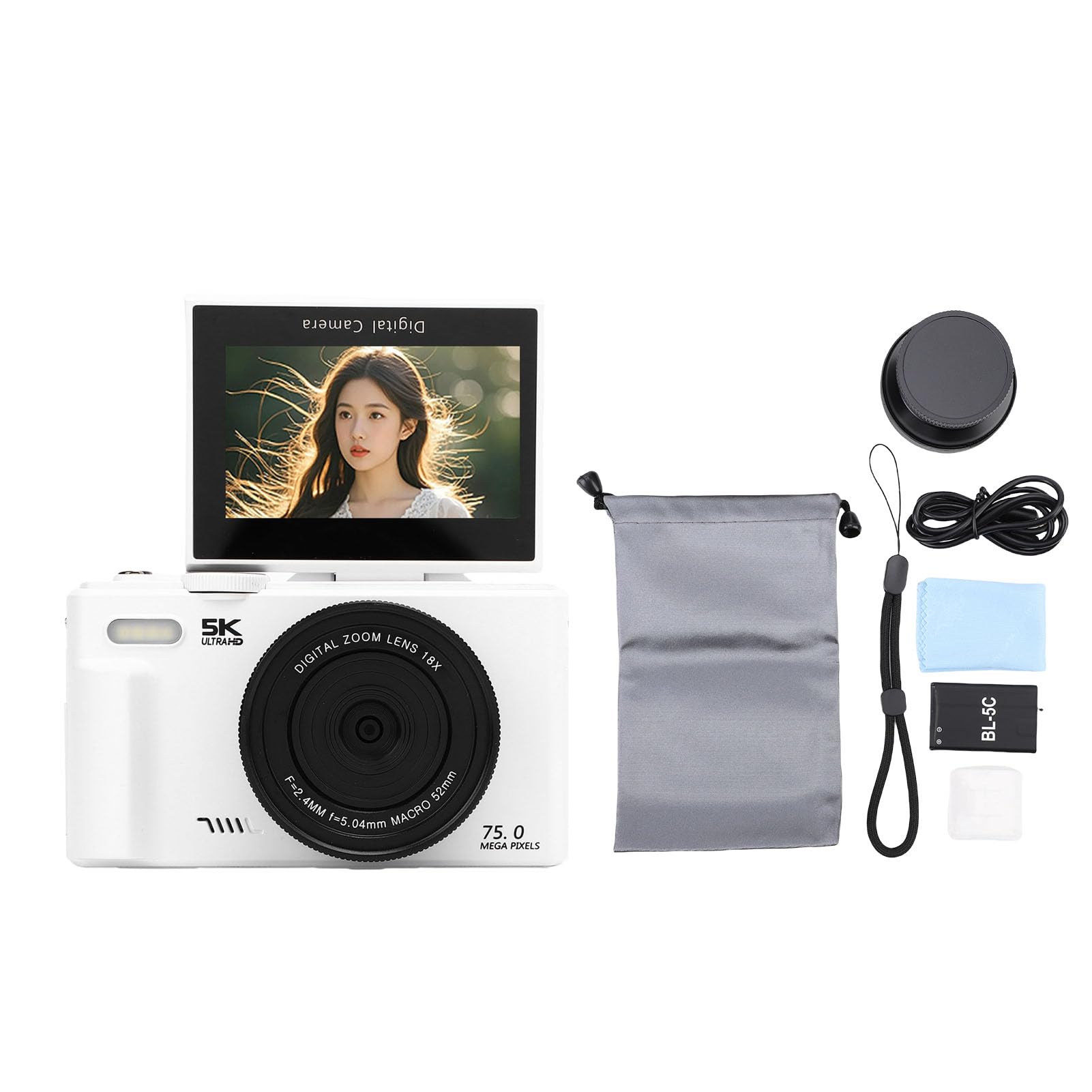 Dpofirs Fotocamera Digitale 5K per Fotografia, Videocamere Vlogging Wi-Fi da 75 MP, con Schermo Orientabile da 3 Pollici e Orientabile a 180 Gradi, Videocamera da Viaggio Compatta per (WHITE)