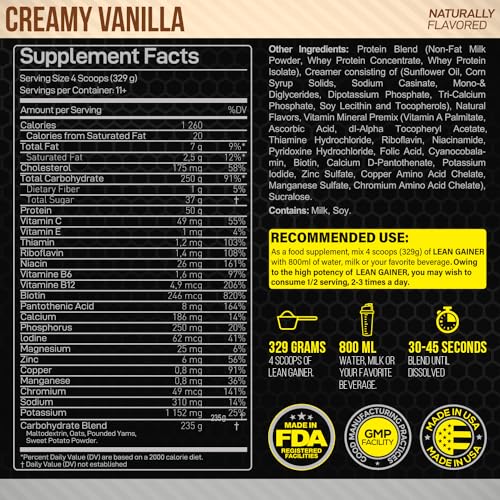 Forzagen Lean Gainer Premium Mass Builder | Mass Gainer Protein Powder for Men & Women | High Calorie Protein, Weight Gain, Bulk, Muscle Building Supplement | Vanilla, 8 lbs. (11 Servings)