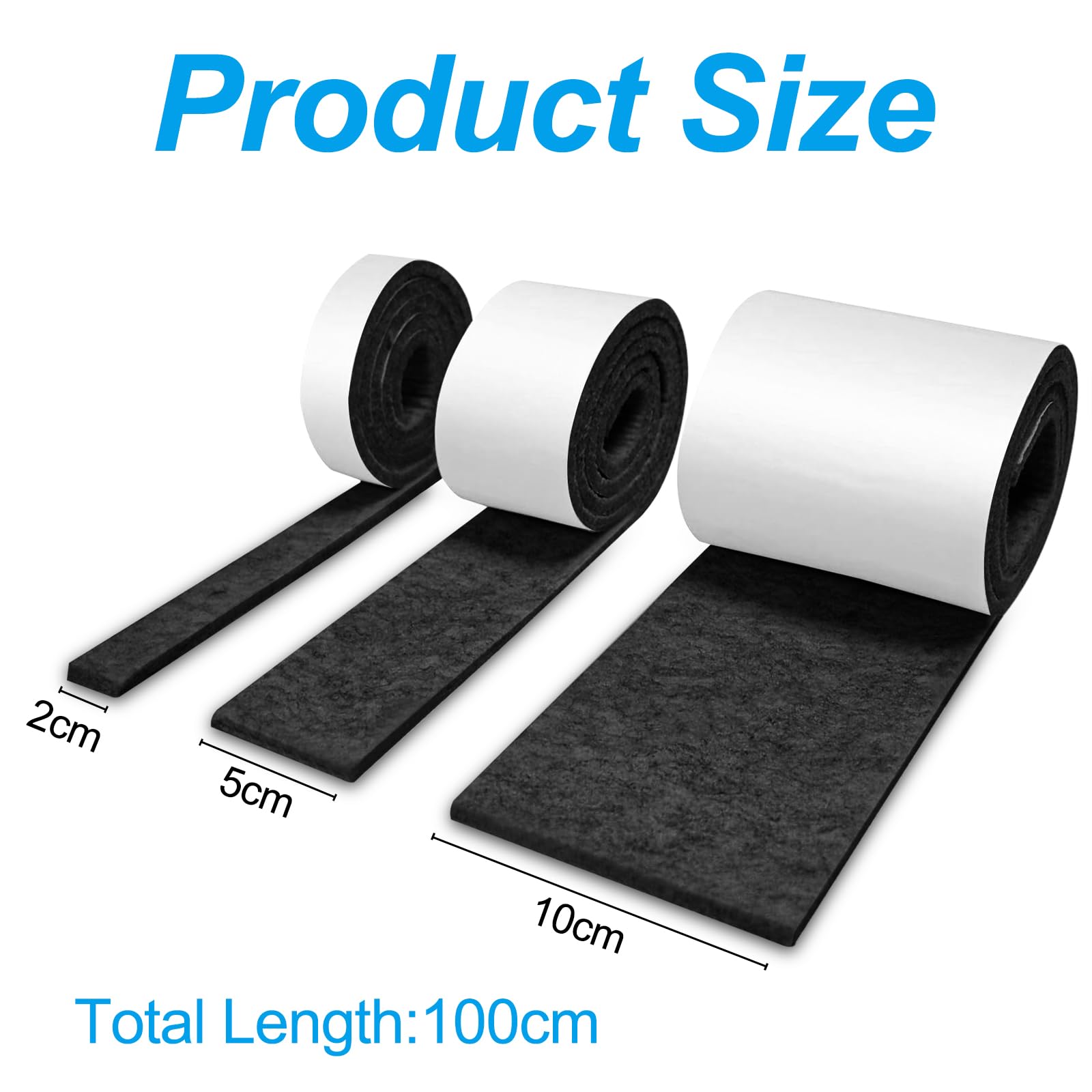 Brevanza 3 Rotoli Feltro Adesivo (100cmx10cm, 100cmx5cm, 100cmx2cm), Feltrini per Sedie, Feltrino per Sedie, Rotolo Adesivo per Mobili, Feltri Antiscivolo Nero Taglio Libero in Qualsiasi Forma