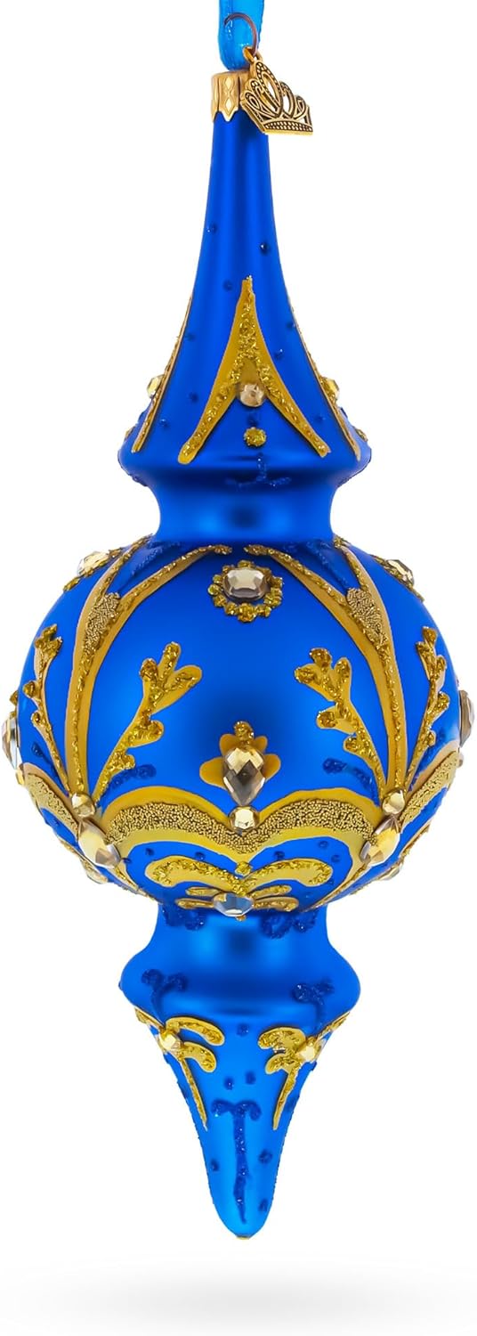 Jeweled Gold Scrollworks on Blue Double-Ended Finial Drop Glass Christmas Ornament