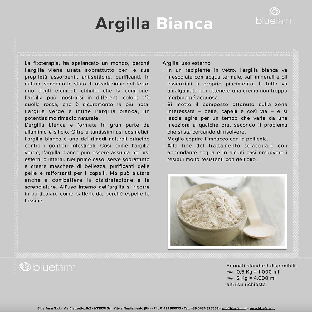 BLUE FARM | Argilla Bianca in polvere gr 500 super ventilata, micronizzata e disidratata. Prodotto 100% puro, naturale, originale e non trattato.