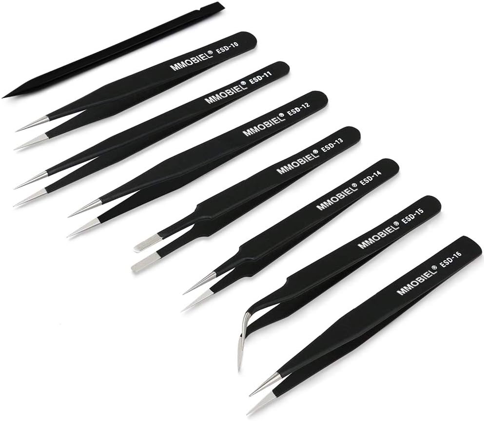 MMOBIEL 7x Precision Tweezers Set - Anti-Static Stainless Steel ESD Tweezers - For Electronics, Laboratory Work, Jewelry, Craft, Soldering and more