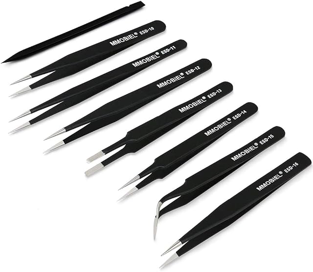 MMOBIEL 7 x Industrial Precision ESD Tweezers Anti-Static Stainless Steel for Electronics Tools, Jewelry, Computer, Laboratory Work and Hobbies etc.
