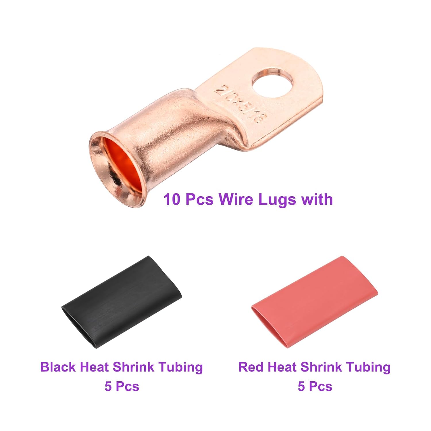 DMiotech 10 Pcs 2/0 AWG - 5/16" Copper Cable Lugs, Battery Cable Ends, Heavy Duty Copper Wire Lugs with 10pcs Heat Shrink Tubing for Electrical Projects, Copper