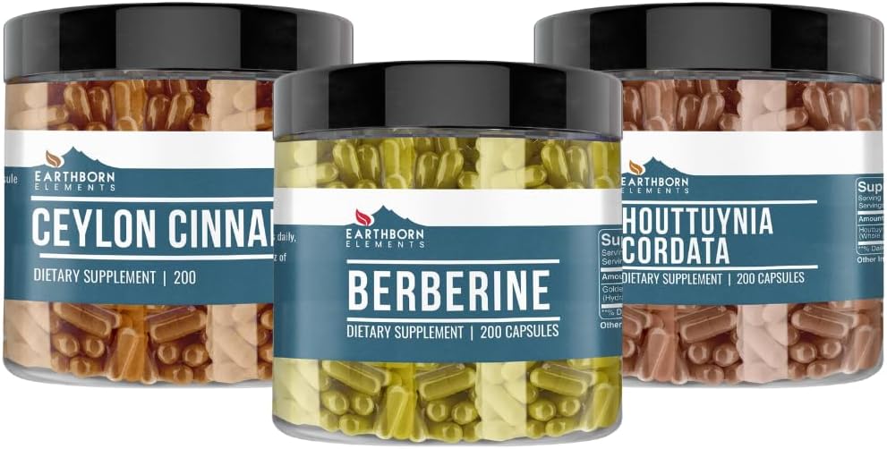 Earthborn Elements Berberine, Ceylon Cinnamon, & Houttuynia Cordata Capsule Bundle (200 Capsules Each), Pure & Undiluted, No Additives