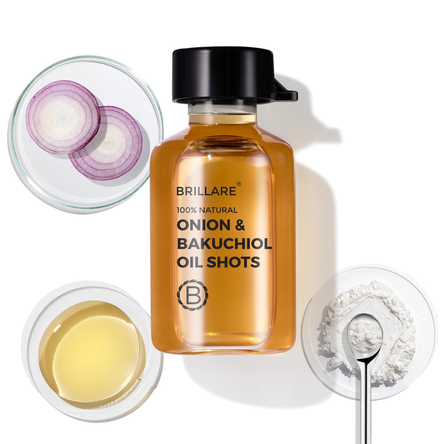 Brillare 40% Onion Oil shots for Hair Fall Reduction with 0.5% Bakuchiol & 45% Coconut Oil for 100% scalp hydration | Visible Hair Fall Reduction in Just 15 Days