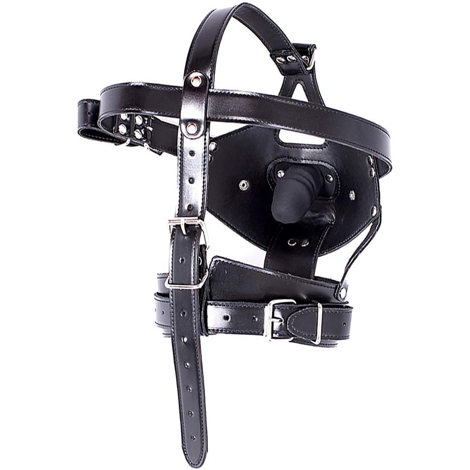 Noir Masque de tête en cuir PU avec harnais et bâillon amovible pour pénis Masque de tête à capuche BDSM Restraint Gode bâillon en silicone Sexuel pour Hommes Femmes Couple (Long 10cm)
