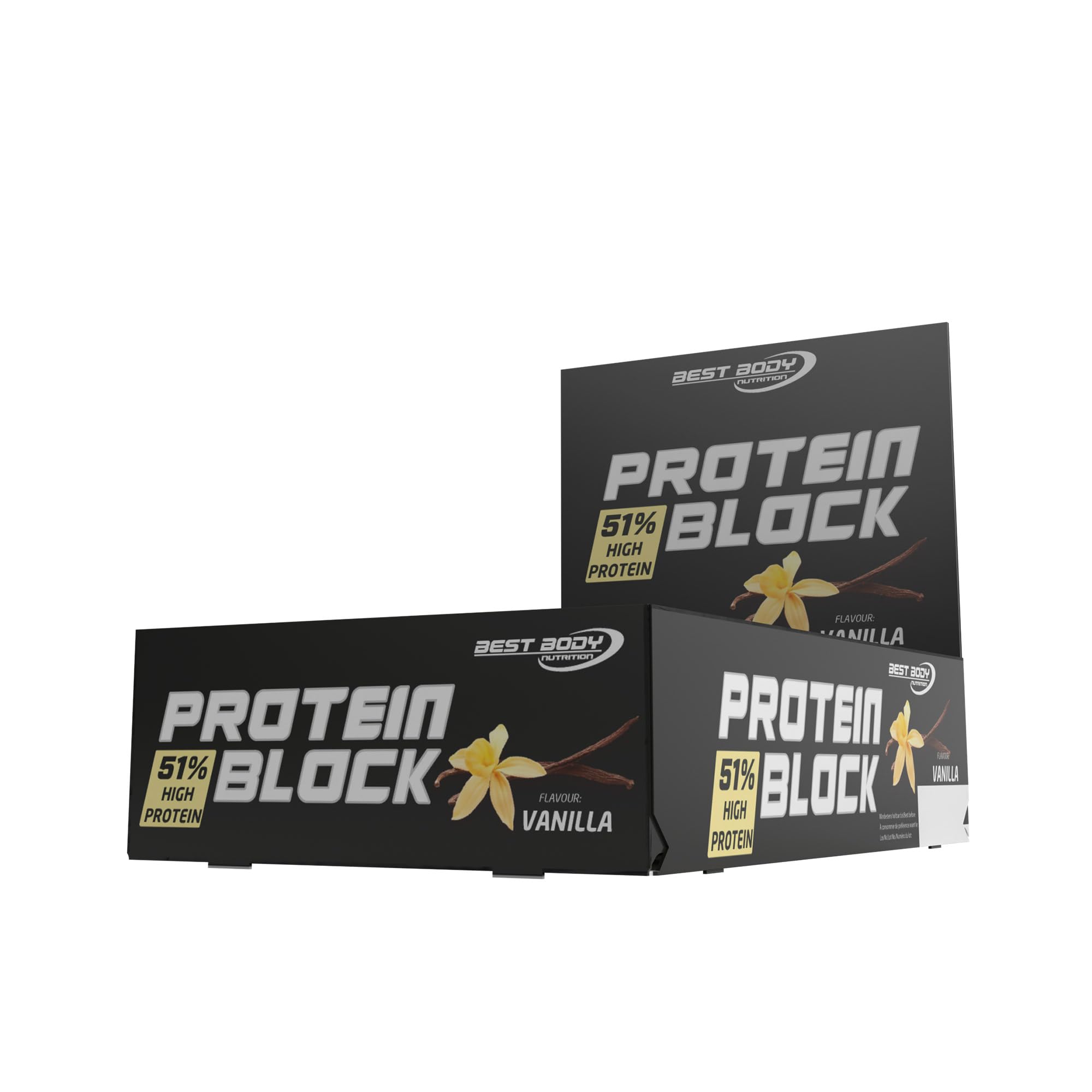 Best Body Nutrition Protein Block Riegel 15x90g Vanille Proteinriegel mit 51 % Eiweiß – Mit Vanillegeschmack & Schokoladenüberzug, Ohne Zuckerzusatz, Aspartamfrei, Eiweiß Snack unterwegs