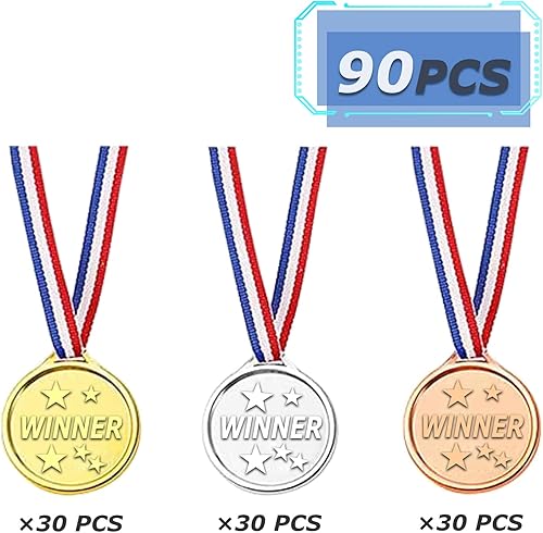 Miniatura 3 de 90 piezas, medallas de plástico para niños, medallas de oro, plata y bronce para decoraciones de fiestas, premios de concursos y scrabble