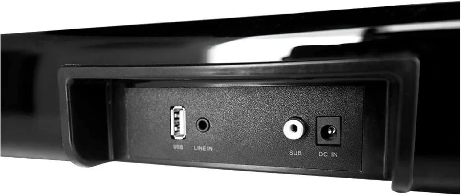 Close-up of soundbar input ports: USB, Line In, Subwoofer Out, DC In