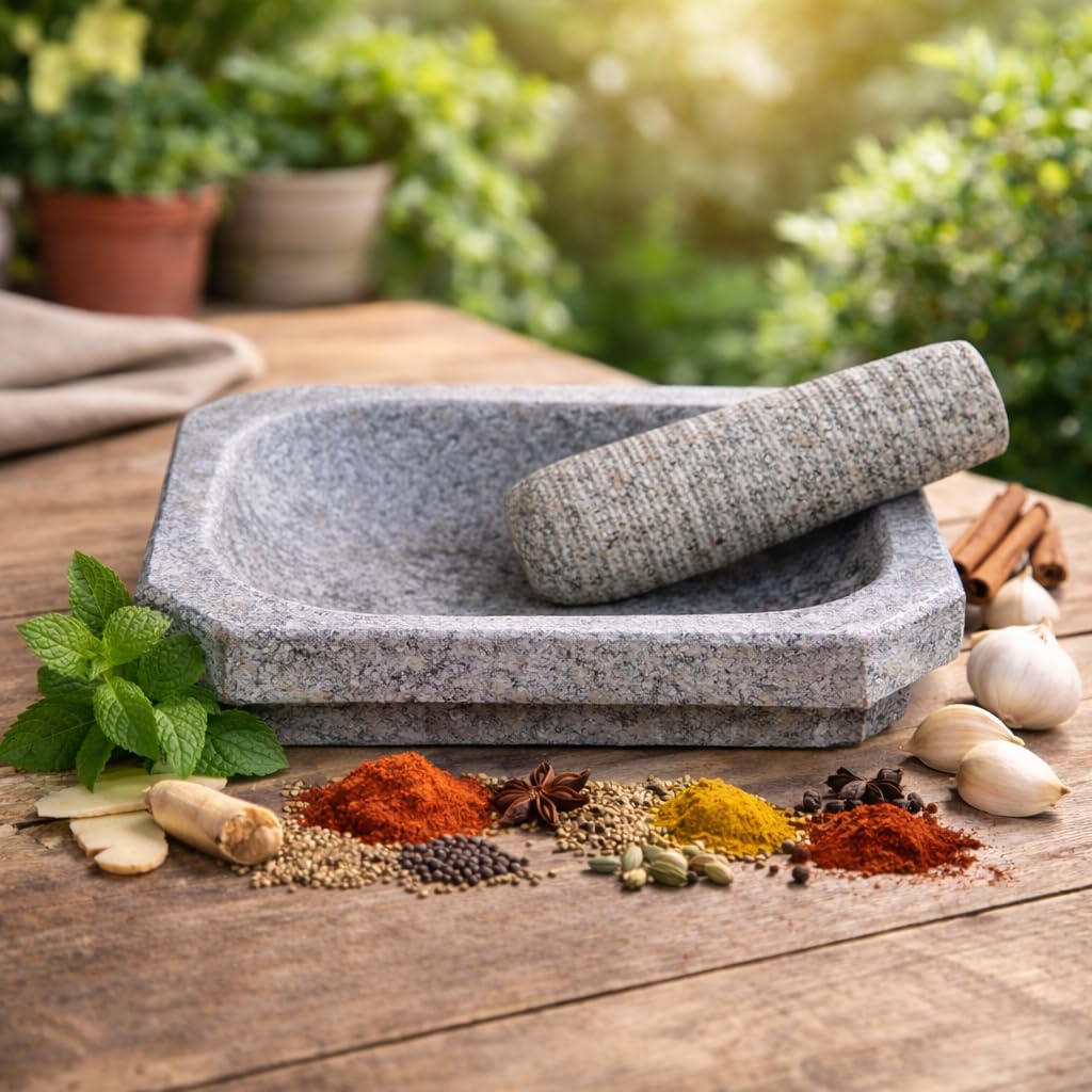 EZAHK Kalvam Stone Mortar and Pestle Set(10 inch, Big Size) Masher, Khalbatta, Kharal, Musal for Kitchen, Home, Herbs and Spices 1