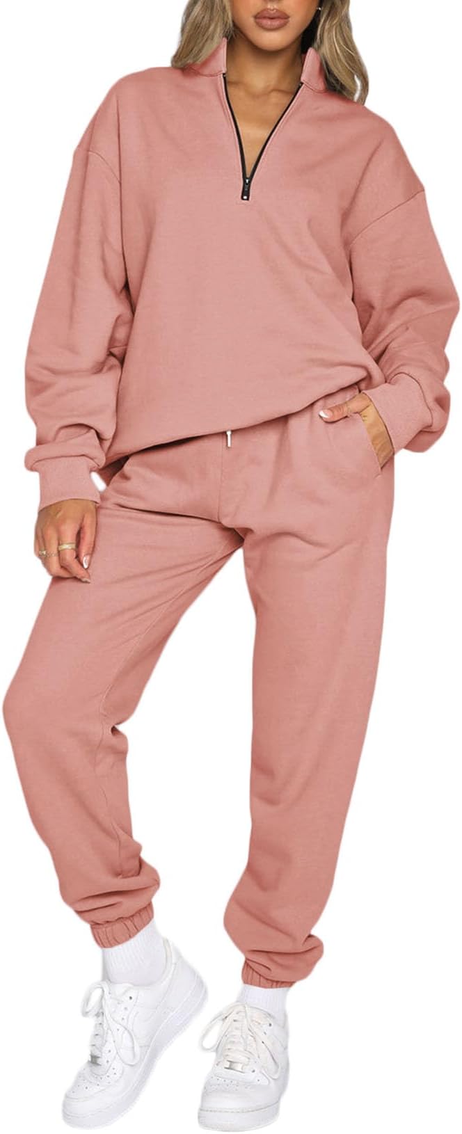 Aleumdr Women 2 Piece Outfits Sweatsuit Oversized Half Zip Pullover Long Sleeve Sweatshirt Jogger Pants Set with Pockets