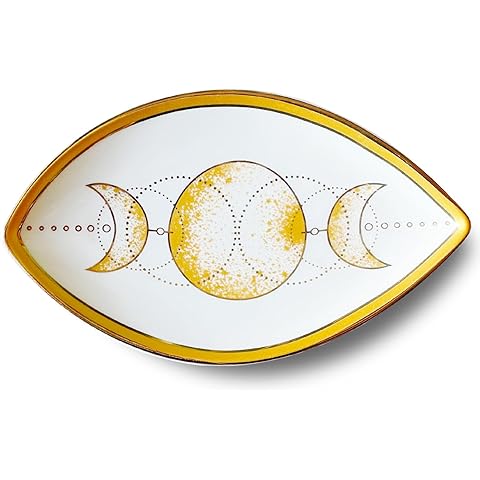 Exquisite Small Ceramic Jewelry Tray - Trinket Dish Evil Eye Decor, Gold Plate Ring Holder, Modern Boho Home Essentials, Perfume Organizer, Witchy, Aesthetic Room Decor (Moon)