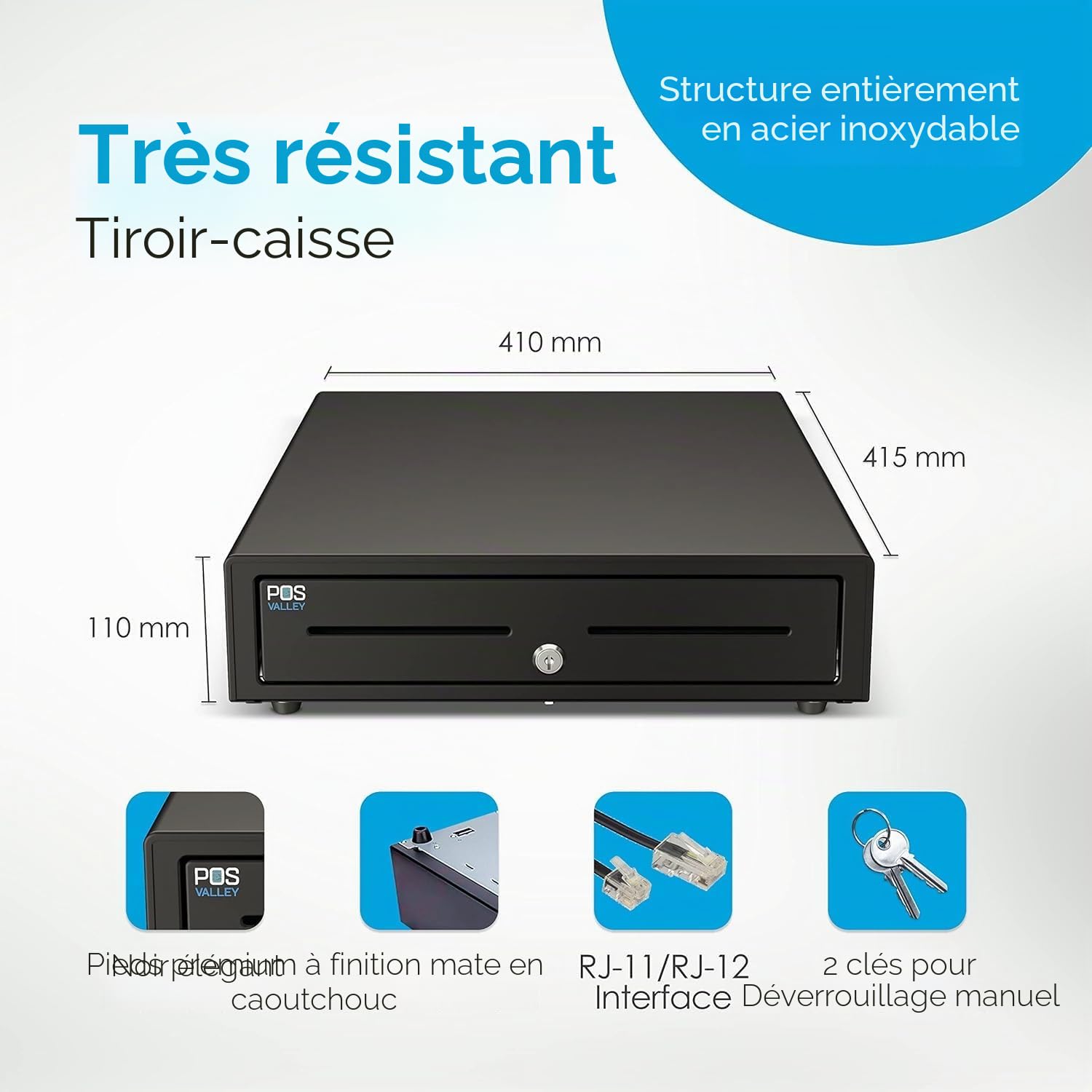 Tiroir caisse enregistreuse avec supports métalliques pour montage sous le comptoir - 4 billets/8 pièces (Euro) - 24 V RJ11/12 - 41 x 41 x 11 cm